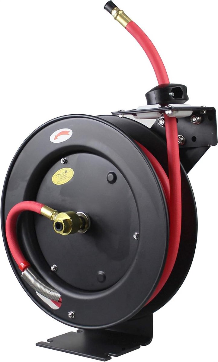 Intrekbare Luchtslanghaspel - Slangoprolsysteem - Perslucht Gereedschap - Automatische Terugspoelfunctie - 3/8" x 25' - Zwart Rood