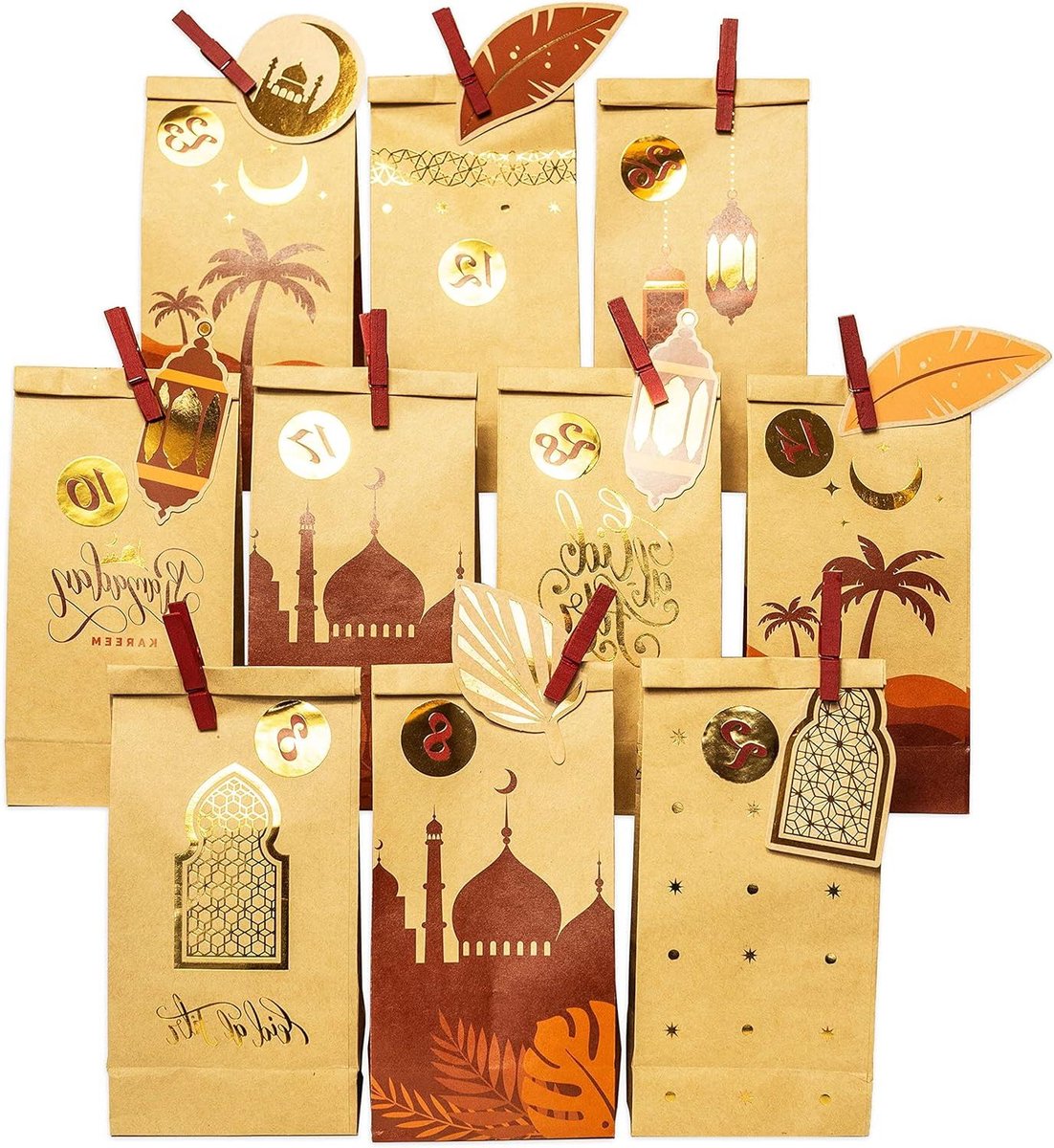 Ramadan Kalender - Vasten Kalender DIY - Vastentijd Decoratie - Zelf Vullen - 30 Zakjes - Bruin Goud