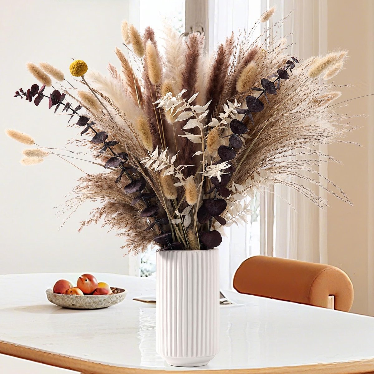 89 stuks gedroogd pampasgrasset, bruin, wit, gedroogde bloemen met hazenstaarten, boho-vaasvuller voor bruiloft, feest, thuis, tafeldecoratie