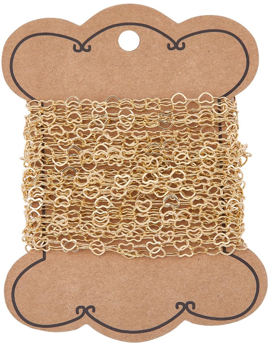 Schakelketting in hartvorm, 5 meter, duurzame sieradenkettingen, van messing gevuld met 14K goud, 5 x 3,5 mm, van metaal, in hartvorm, voor St. lange schakels, rol voor armband