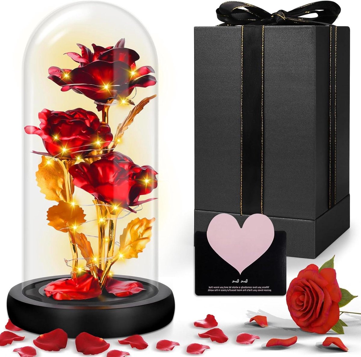 Eeuwige Roos - Roos in Glas - Decoratie Huis - Met LED Verlichting - 29.9 cm - Rood