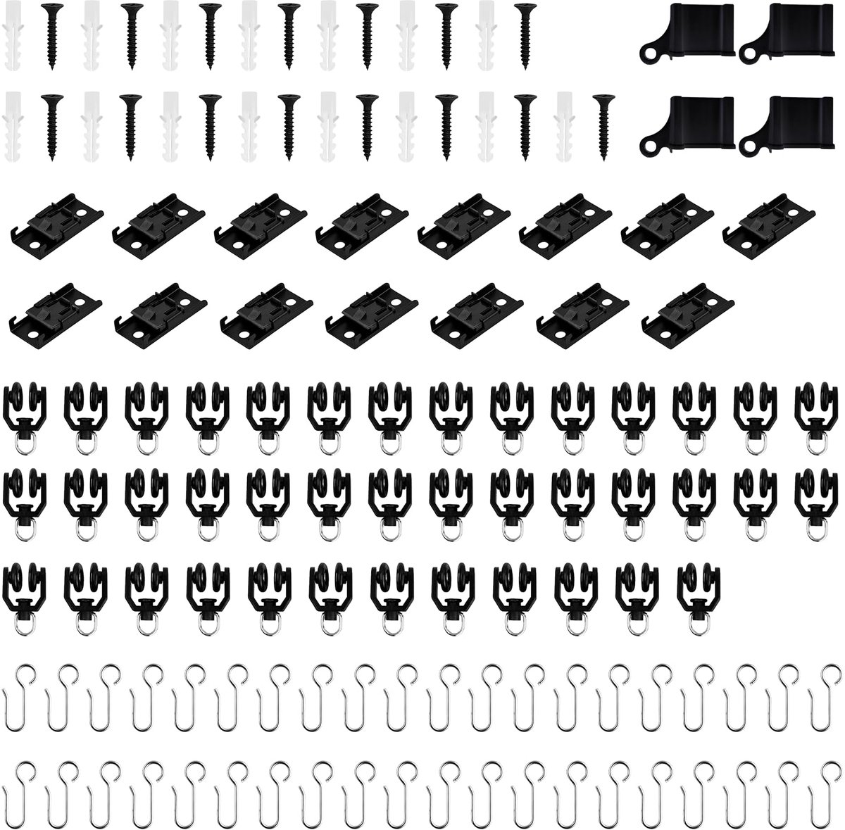 Gordijnrail track roller, 40 stuks gladde rollen en 49 stuks accessoires, gebogen gordijnrail met stille wielen, ideaal voor douche-ramen, camper-ruimteverdeler, privacy