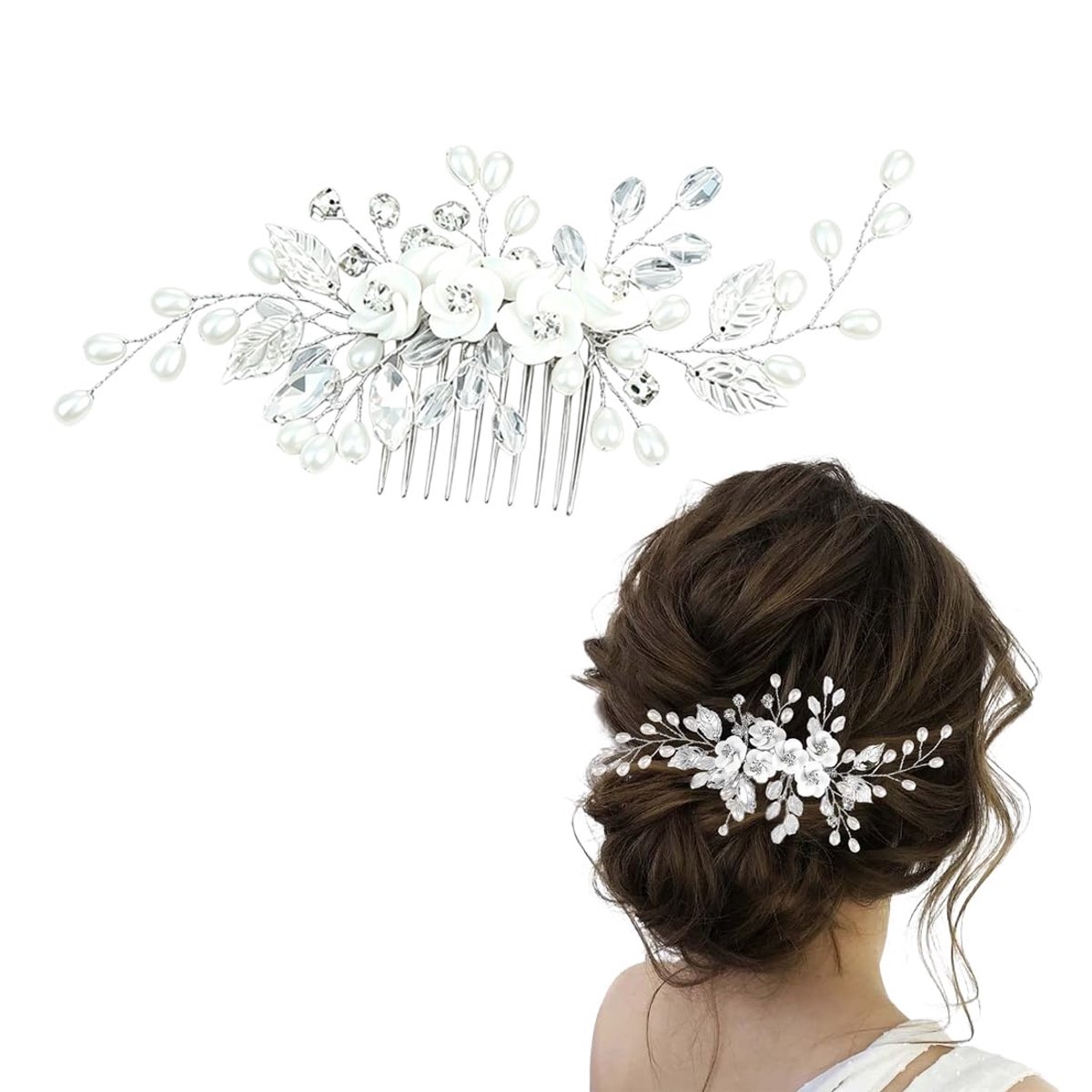 Haarkammen met kristallen, glitter en parels, bloemenontwerp met bladeren voor vrouwen en meisjes, standaard zilver
