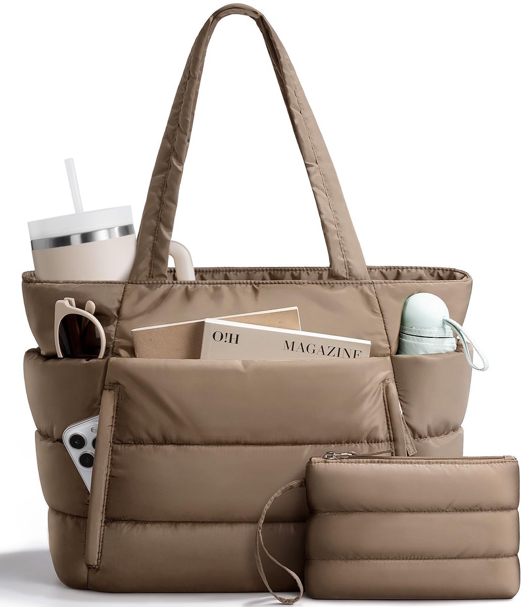 COOAU - Puffer Tote Bag voor Dames - Lichtgewicht Donzige Schouderhandtas - Met Afneembaar Klein Tasje & Handig Laptopvak - Incl. Trolley Sleeve voor Reizen - Voor Kantoor, Woon-werkverkeer & Dagelijks Gebruik - Donker kaki