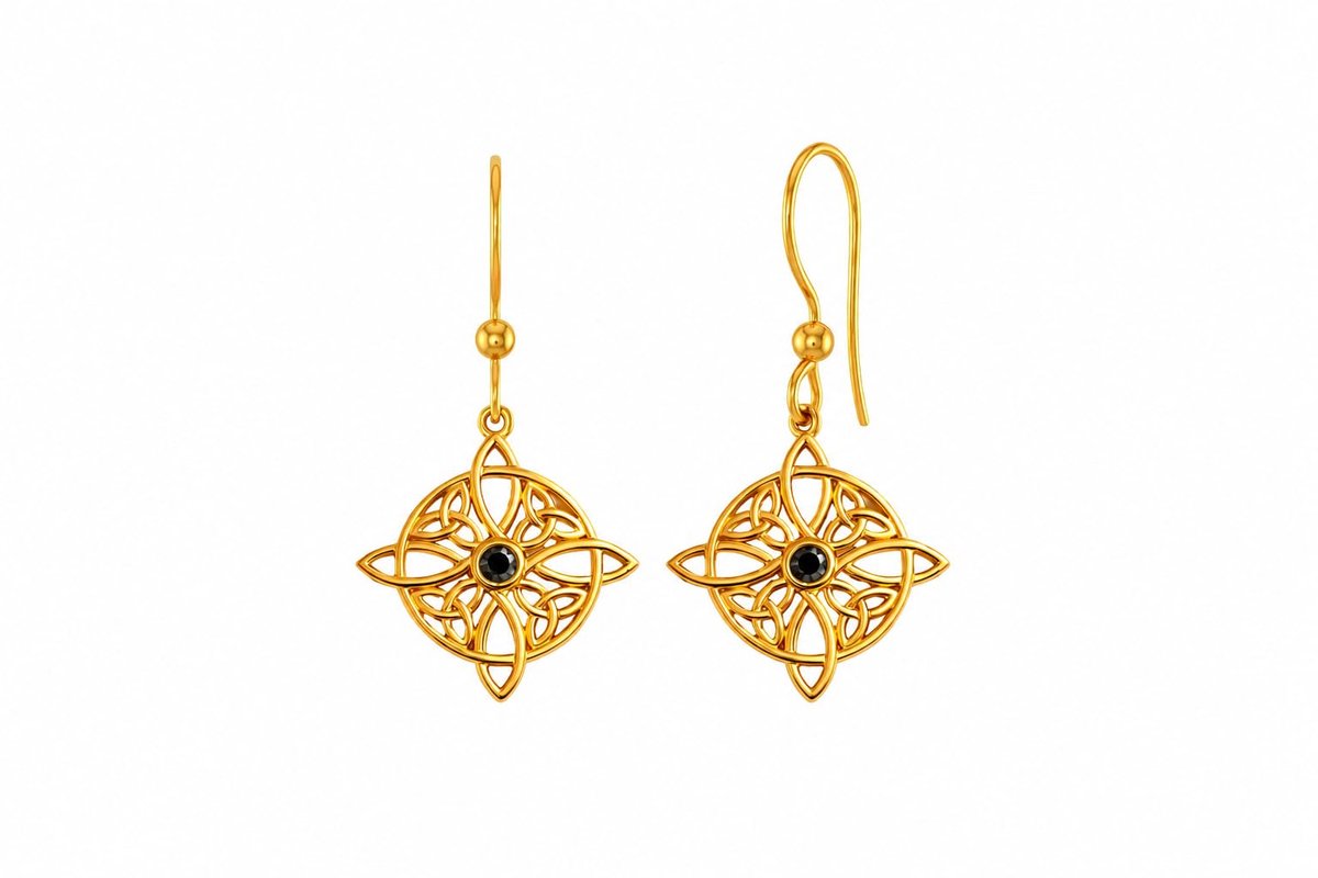 Oorbellen verguld 18 K (3 micron) en zwarte kubische zirkonia met haaksluiting, heksenknoop (19 mm stuk + 19 mm sluiting), spirituele sieraden