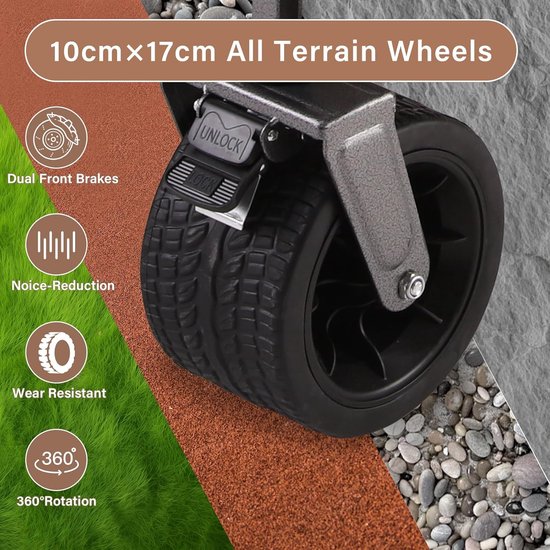 Opvouwbare Bolderwagen - Transportkar Tuin - Buiten Spullen Vervoeren - Brede Wielen Rem - 120KG Capaciteit - Khaki — afbeelding 3