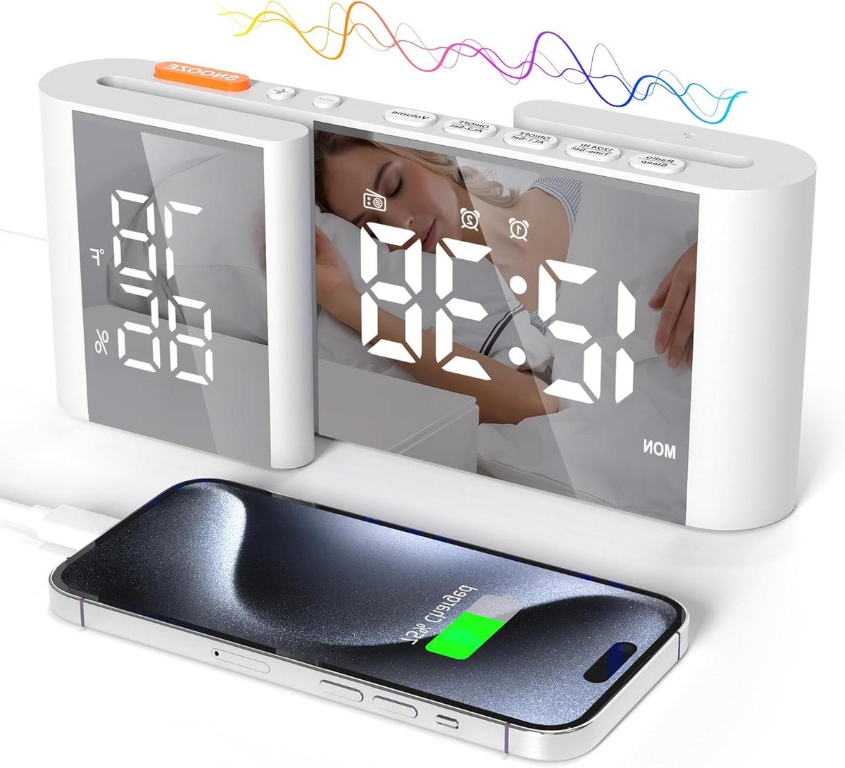 Radio wekker - Spiegelklok - Wakker worden - Dubbele alarmfunctie - 180 x 55 x 80 mm - Wit