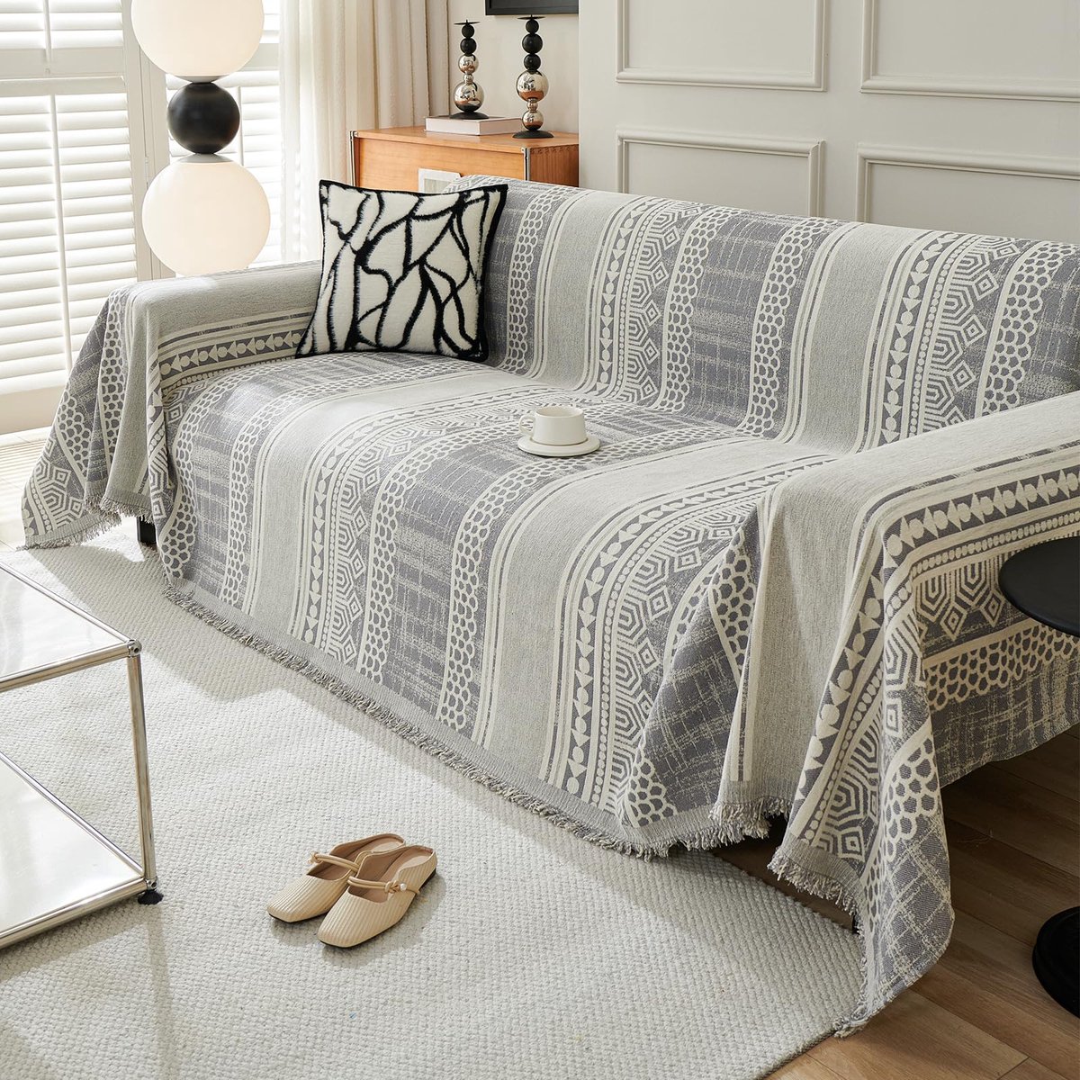 1 2 3 4-zits gooit voor banken grote plaids voor banken, boho plaid omkeerbare geweven deken, degeneratieve zachte bankdeken 180 x 300 cm-grijs
