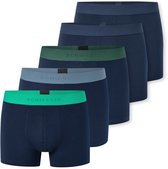 Vijf Schiesser boxershorts in donkerblauwe tinten met gekleurde banden: groen en grijs.