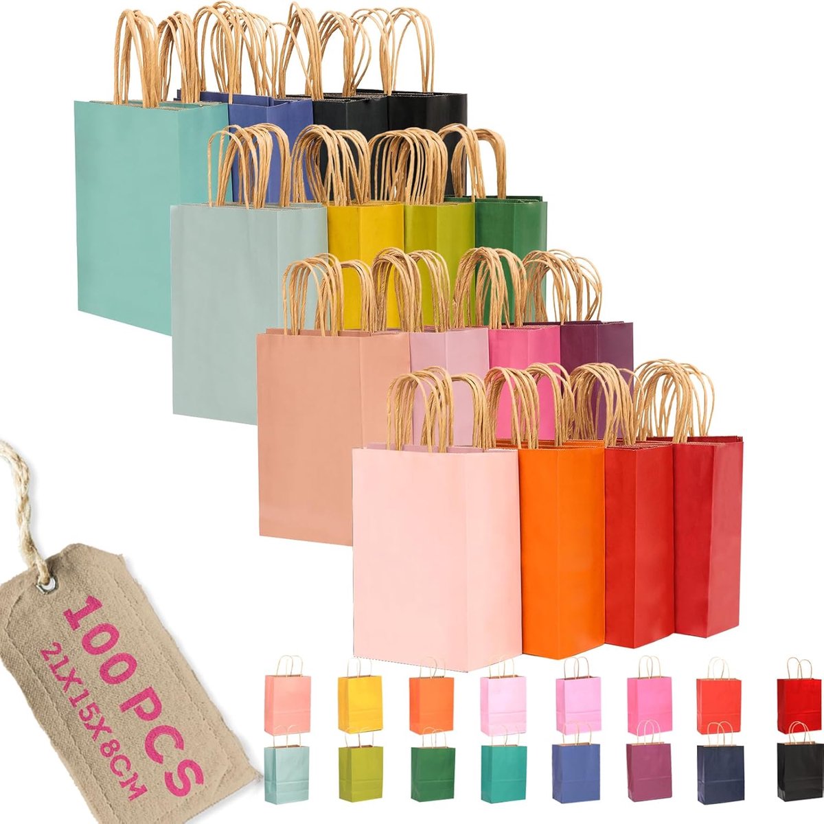 100 stuks kleine ei-geschenkzakjes van papier met handvatten–21,1×15,2×8 cm kleine feestzakjes van kraftpapier – 16 effen kleuren