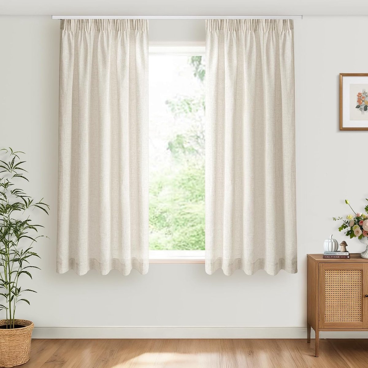 Lichtdoorlatend Gordijnen met Plooiband 2 Stuks, Linnenlook Gordijnen voor Woonkamer Slaapkamer, 140 x 160 cm, Naturel