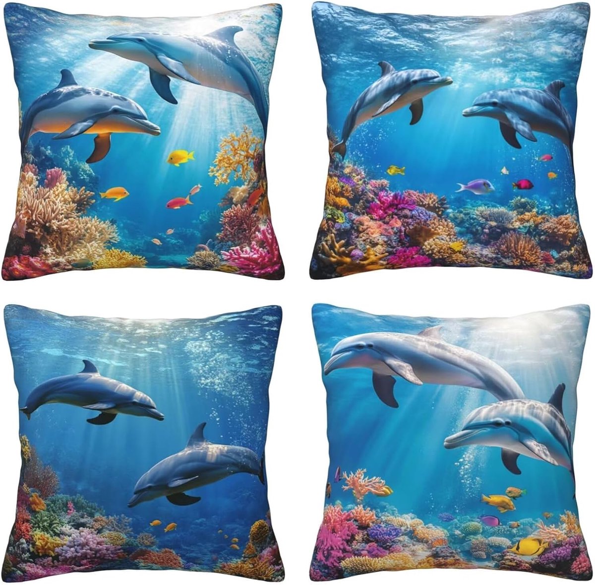Set van 4 kussenslopen, 65 x 65 cm, onderwaterdolfijnen, kussenslopen, fluweel, zacht, groot, ademend, dubbelzijdig, bankkussen, vierkant, decoratie voor auto, huis, woonkamer, bank, slaapkamer, F1647