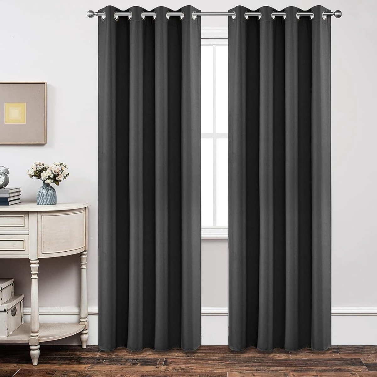 Ondoorzichtige warmte-isolerende verduisteringsgordijnen met ringen, hittebescherming, gordijn voor slaapkamer, woonkamer, 2 stuks, (grijs, 175 x 140 cm)