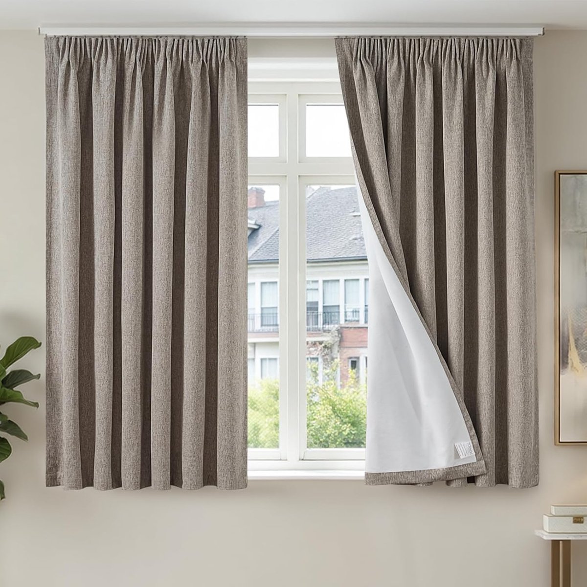 Set van 2 thermische gordijnen, 100% ondoorzichtig, met plooiband, 175 x 140 cm (h x b), voor woonkamer, slaapkamer, raam, landelijke stijl, linnenlook, kaki