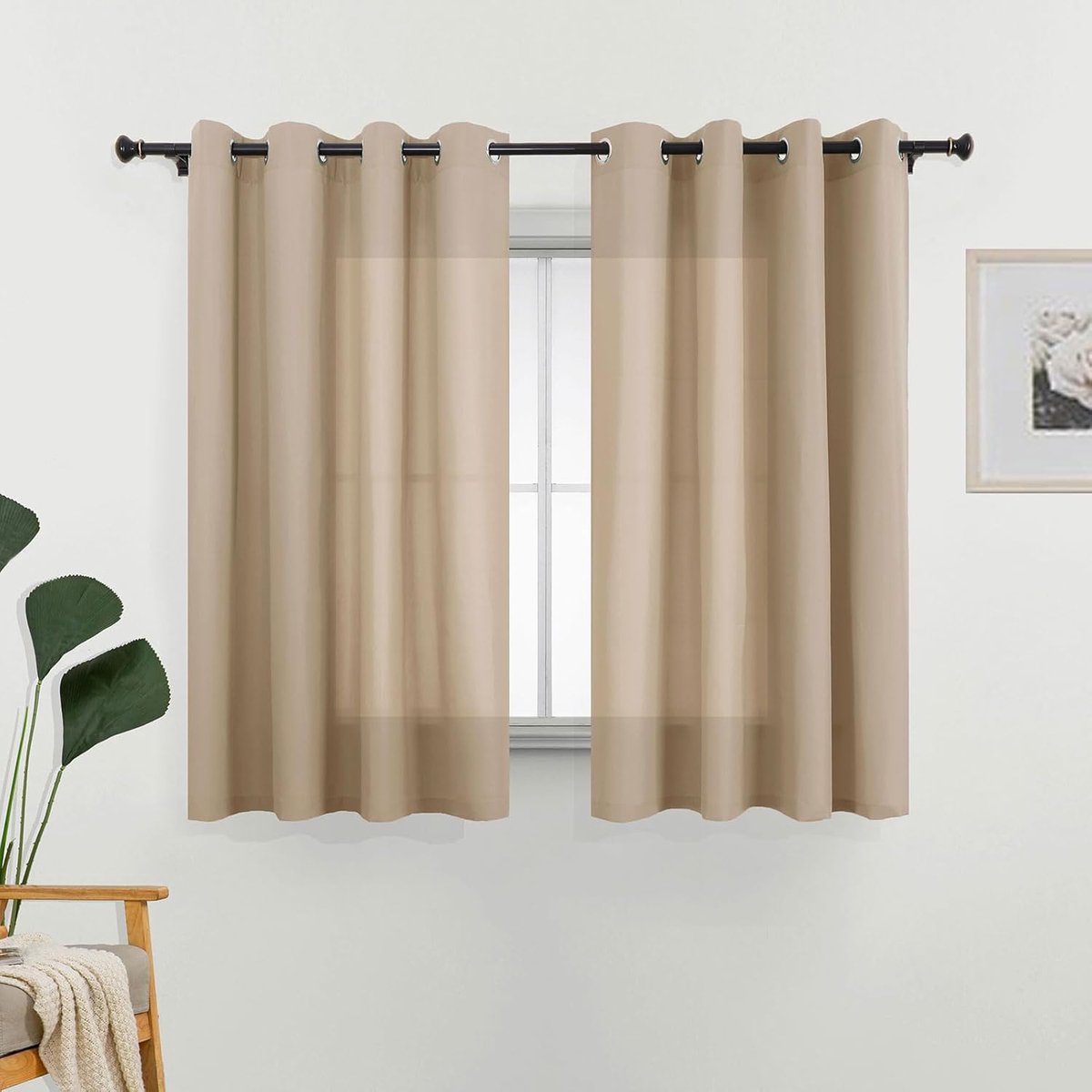 Gordijnen, zand-beige, inkijkbescherming, 70% lichtdoorlatend, gordijn voor slaapkamer en woonkamer, privacy, dunne katoenlook, gordijnen met ingestanste ringen, 145 cm, kort, ondoorzichtig