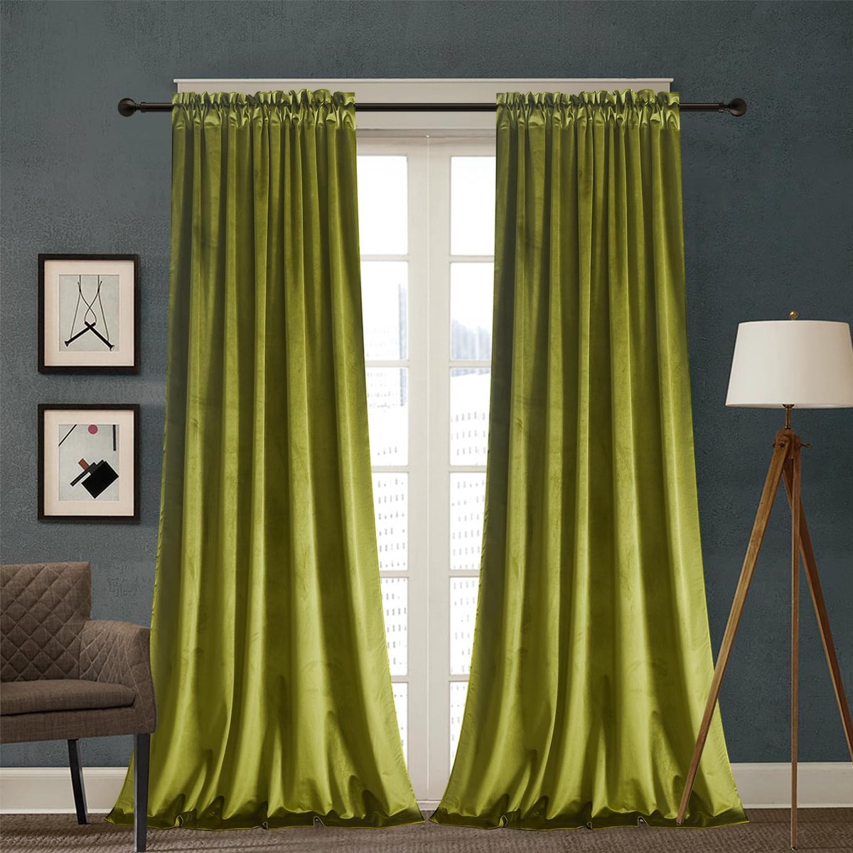 Panelen set, blok licht thermisch geïsoleerd velours staaf pocket gordijnen voor slaapkamer en woonkamer (52 x 96 inch, olijfgroen)
