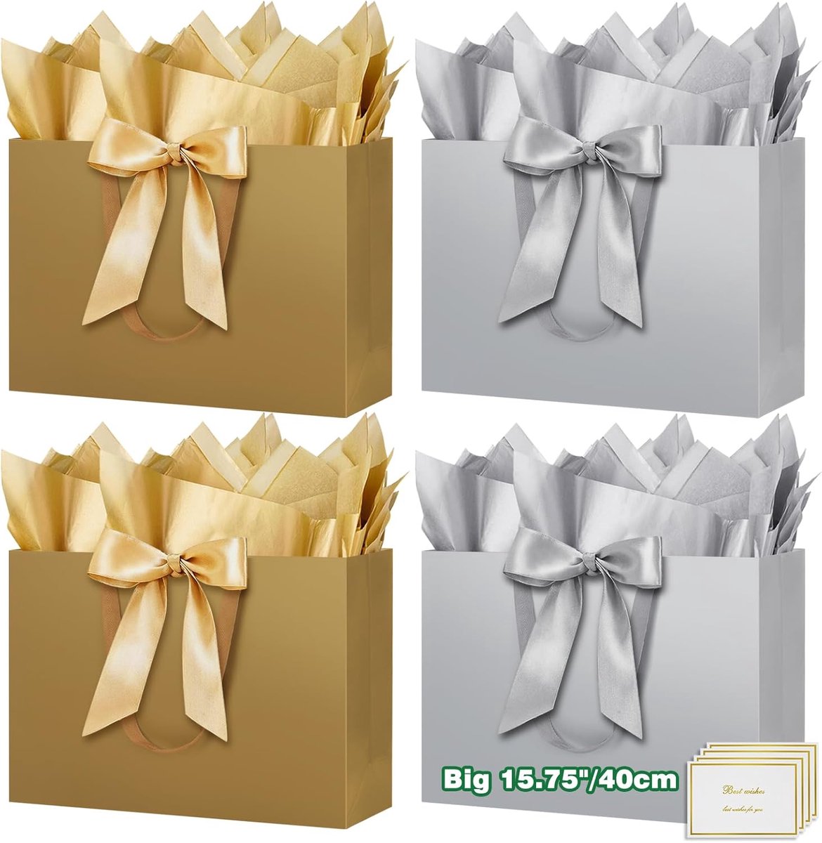 Extra Grote Cadeautas, 15.75" Cadeautassen voor Cadeaus Grote Papieren Tas met Zijdepapier En Kaarten, 40*30*12.5cm Bruiloft Verjaardag Feest Cadeau Bruidsmeisje Cadeau Cadeautassen voor