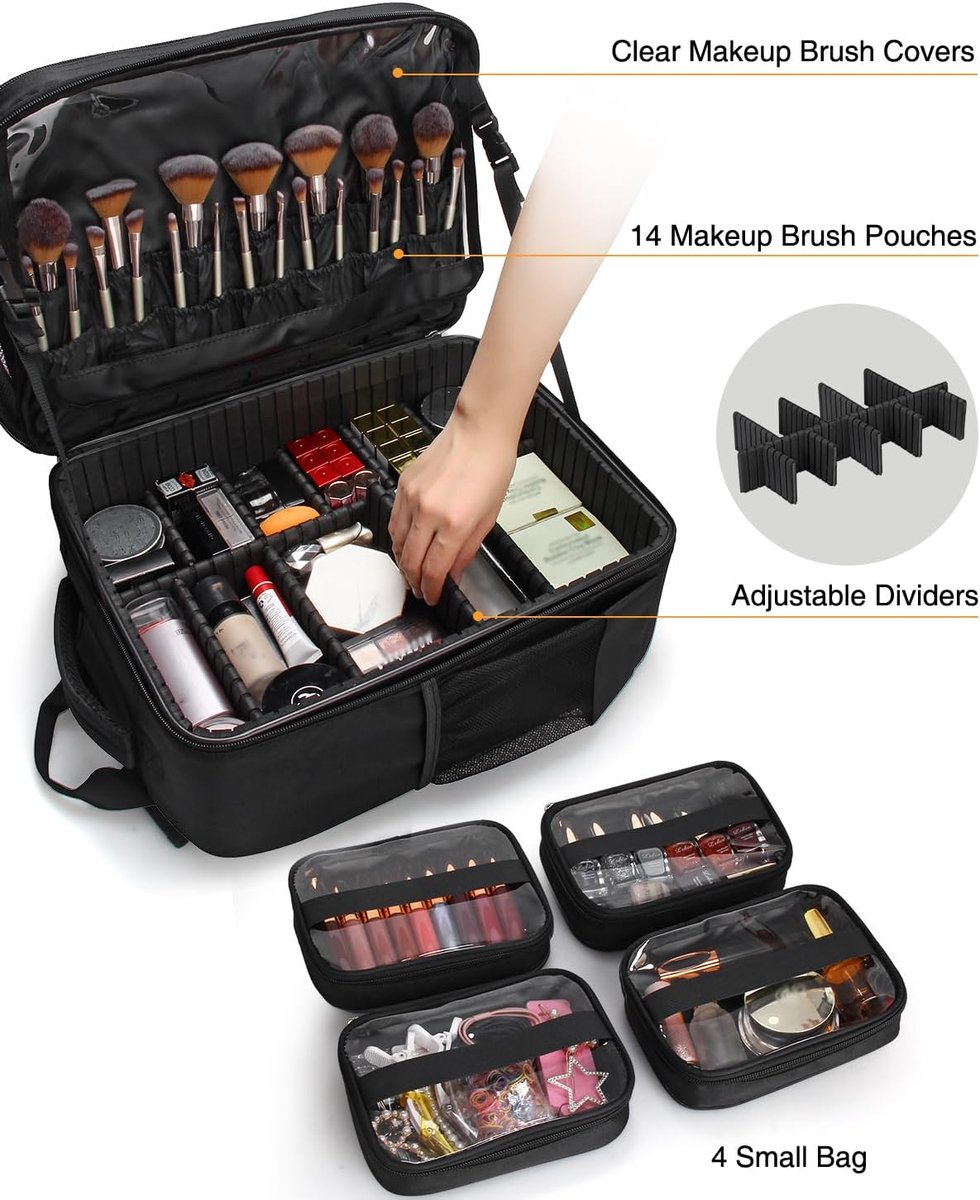 rugzak, extra grote beautycase, professionele tas voor vrouwen, opbergorganizer voor make-upkunstenaars, 3-laags, met 4 kleine cosmetische tassen, zwart