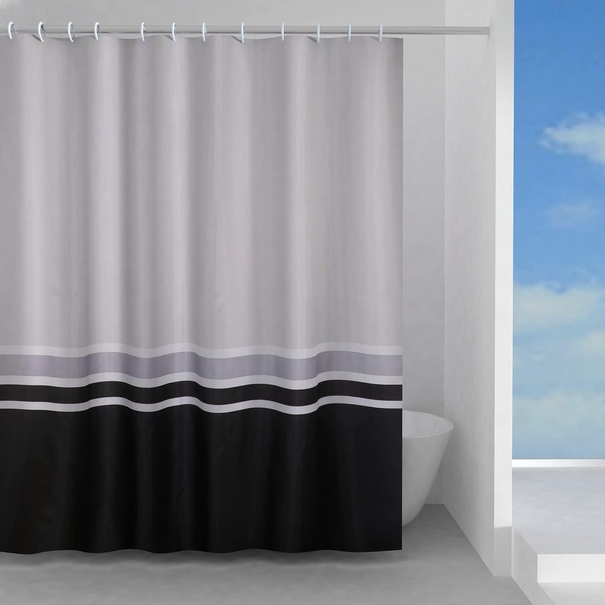 Elegante, stoffen douchegordijn, waterdicht, gestreepte golven, kleur wit/grijs/zwart, afmetingen L 120 x H 200 cm, inclusief 8 ringen, badgordijn hecht niet aan het lichaam, handwas