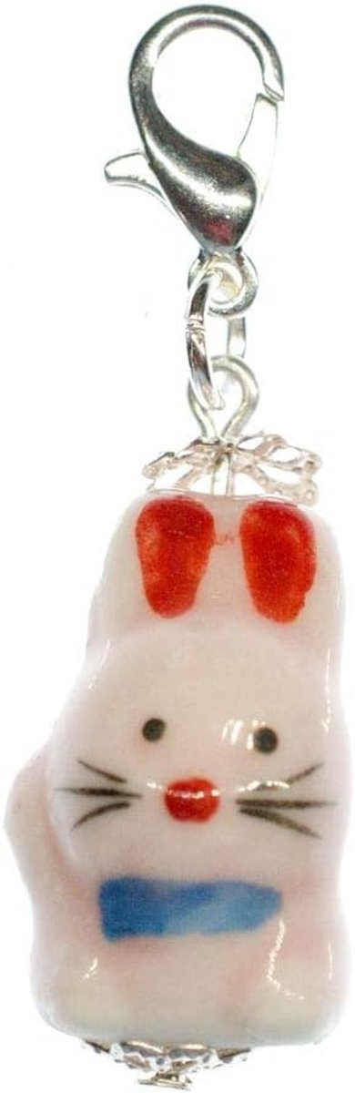 Haas Charm paashaas porselein konijn roze - handgemaakte modesieraden I kettinghanger verzilverd - bedelhanger bedelarmband - hanger voor armband, 22mm, Metaal Porselein