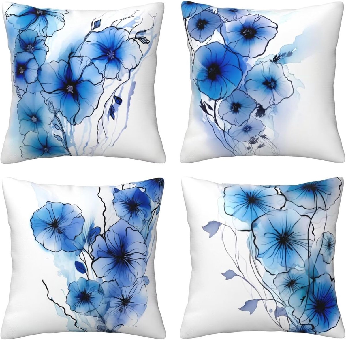 Kussenhoezen, 65 x 65 cm, blauwe bloemen, 4 stuks, vierkant, fluweel, zacht en ademend, decoratieve kussenhoes met verborgen ritssluiting, voor slaapkamer en woonkamer, bank, E8174
