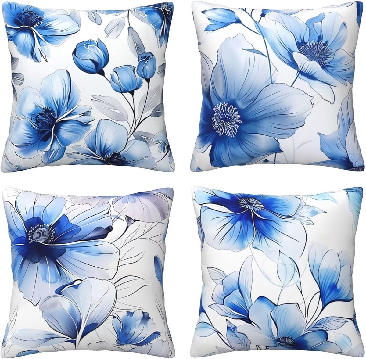 Kussenslopen 65 x 65 cm, blauwe inktbloem, set van 4, vierkant, fluweel, zacht, decoratieve kussenhoes met verborgen ritssluiting, voor slaapkamer en woonkamer, slaapbank, E7982