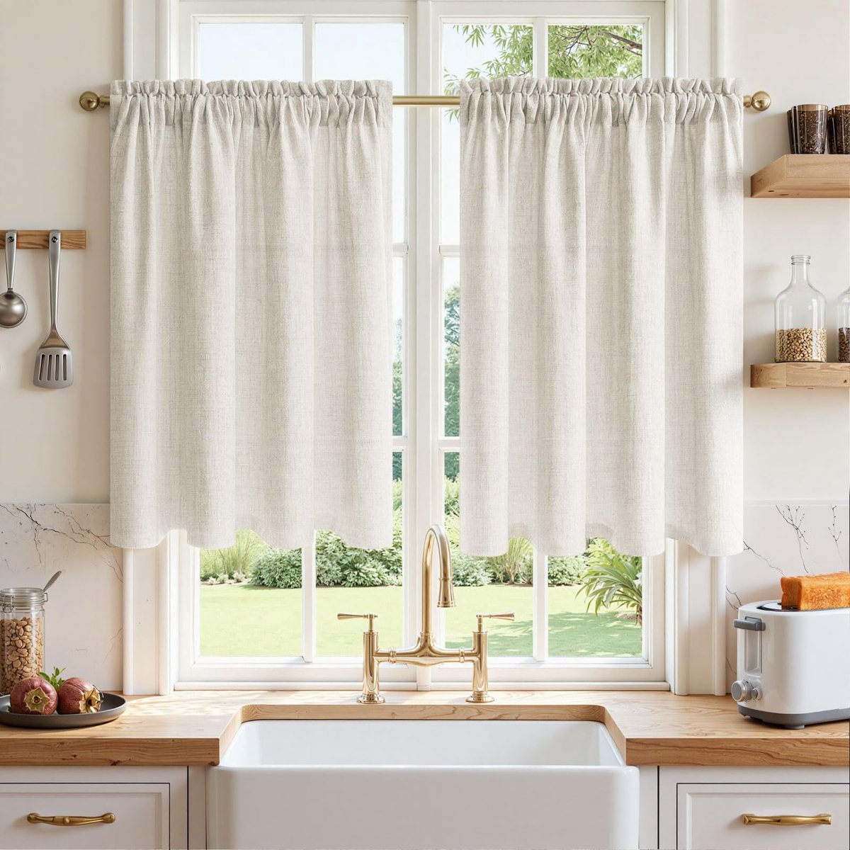 Vitrage, linnenlook, ivoorwit, H 45 x B 60 cm, set van 2 vitrages in landelijke stijl, moderne vitrage, semi-transparant, bistrogordijn, kort, keukengordijnen, stangdoorvoer