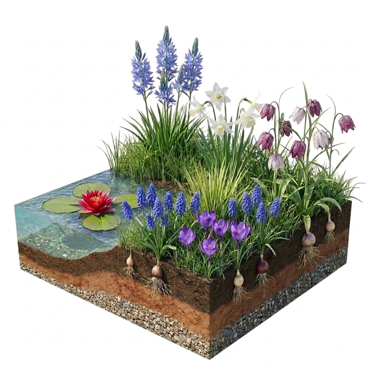 vdvelde.com - Aqua Bulbs Bee Mix - 35 bijvriendelijke bloembollen voor de vijverrand - Crocus, Muscari, Narcis, Fritillaria en Camassia - Bloei februari-juni - trekt bijen aan