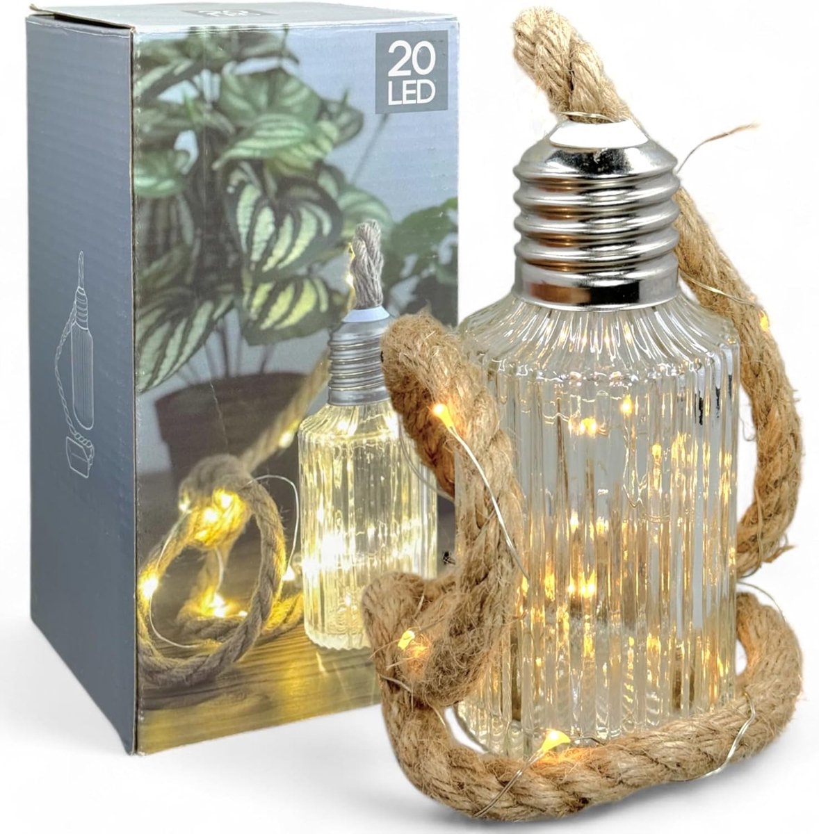 Decoratief object van glas met 20 leds, stijlvol geribbeld glas met metalen schroefdraad en jute touw, warmwit licht, 15 x 6,5 cm