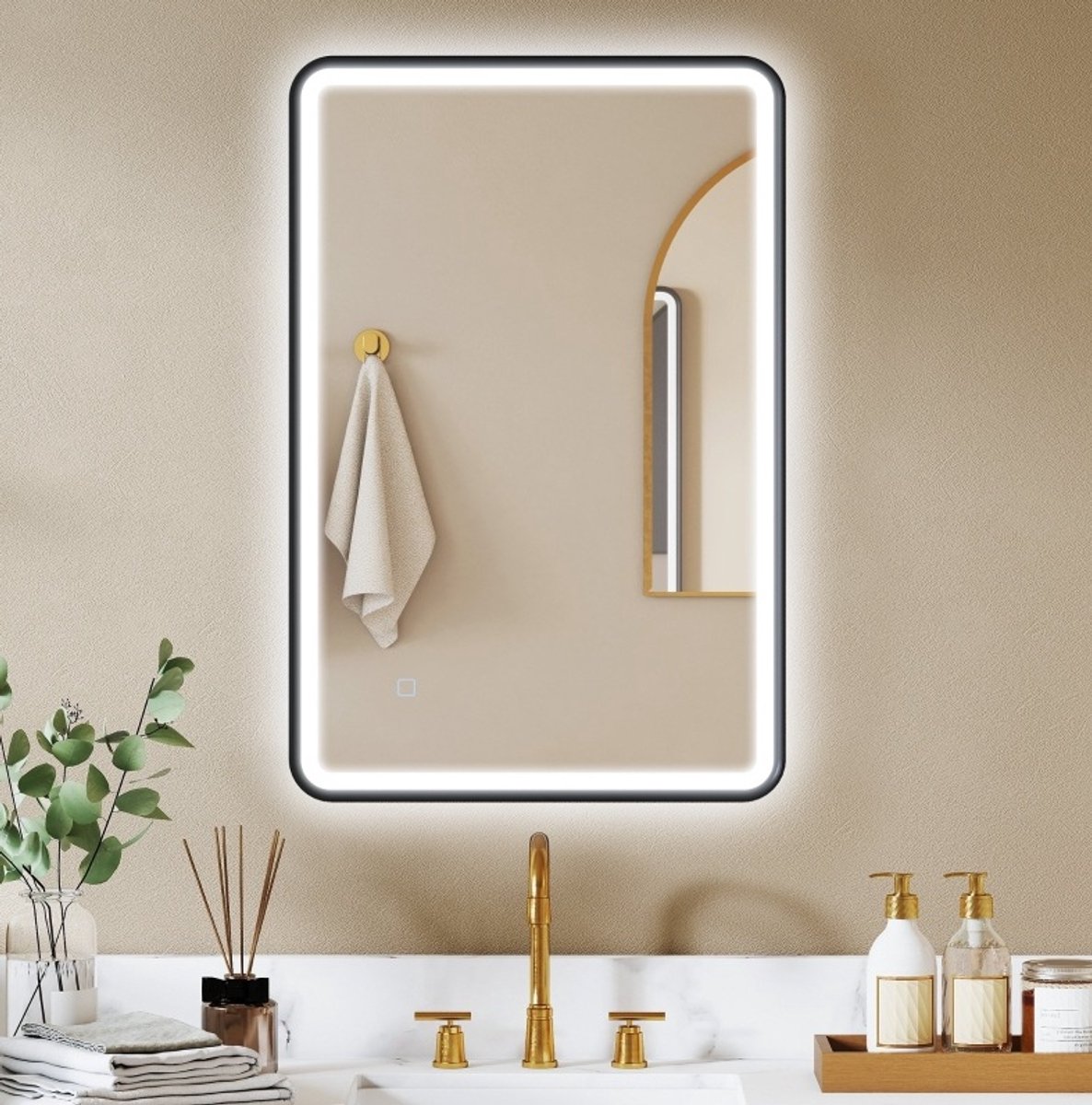 MEUNIQ LED badkamerspiegel 90 x 60 cm, zwart, met 3 lichtkleuren, dimbare verlichting, anti-condens, touchbediening en geheugenfunctie voor de badkamer Black