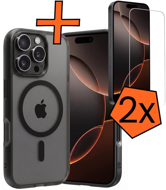 Coque noire pour iPhone 16 Pro et 2 protecteurs d'écran, avec cercle MagSafe.
