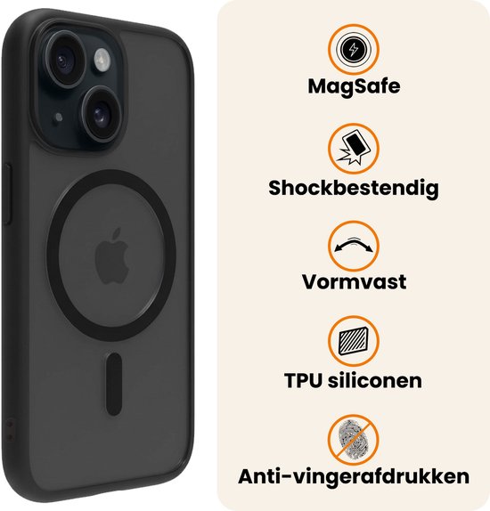 Zwarte, doorschijnende MagSafe hoes voor iPhone 14, met iconen voor MagSafe, schokbestendigheid, vormvastheid, TPU siliconen en anti-vingerafdruk.