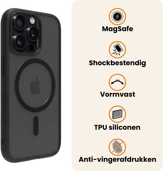 Zwarte MagSafe hoes voor iPhone 14 Pro Max, met icoontjes voor schokbestendig, vormvast en anti-vingerafdruk.