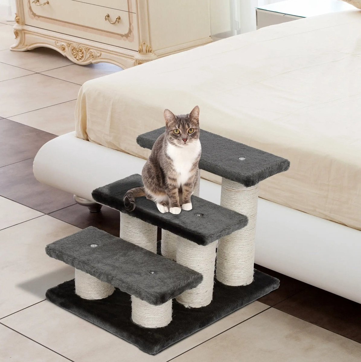 MEUNIQ kattentrap en hondentrap 45 x 35 x 34 cm met 3 treden, pluche opstaphulp voor sofa, bed of vensterbank, geschikt voor katten, honden en kleine huisdieren, grijs