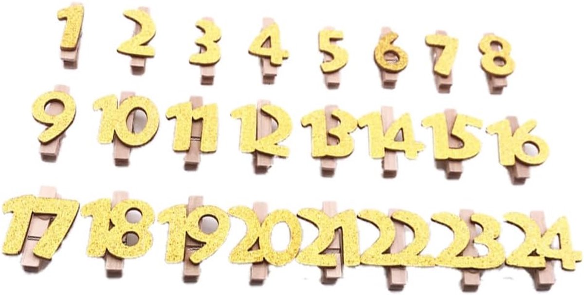 Wasknijpers, cijfers 1 tot 24, adventskalender, cijfers, hout met klemmen, decoratieve klemmen, cijfers, adventskalender, buttons voor binnen en buiten, Kerstmis