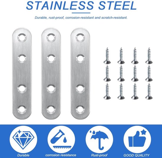 5 stuks platte verbinders, 95 x 20 x 3 mm, roestvrij staal, houtverbinders, gatenplaat, metaal, platte hoekverbinders met 20 schroeven, voor meubels, kasten, planken — afbeelding 2