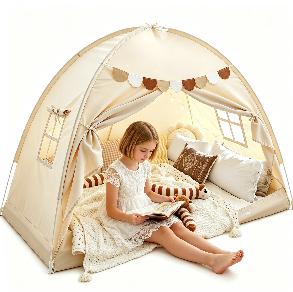 Kinderspeeltent - Binnenspeelhuisje Voor Peuters | Grote Kindertent, Binnenspeelhuisje - Speelhuisje Met Prinsessenmotief Voor Meisjes, Speelhuisje, Verjaardagscadeau - Beige