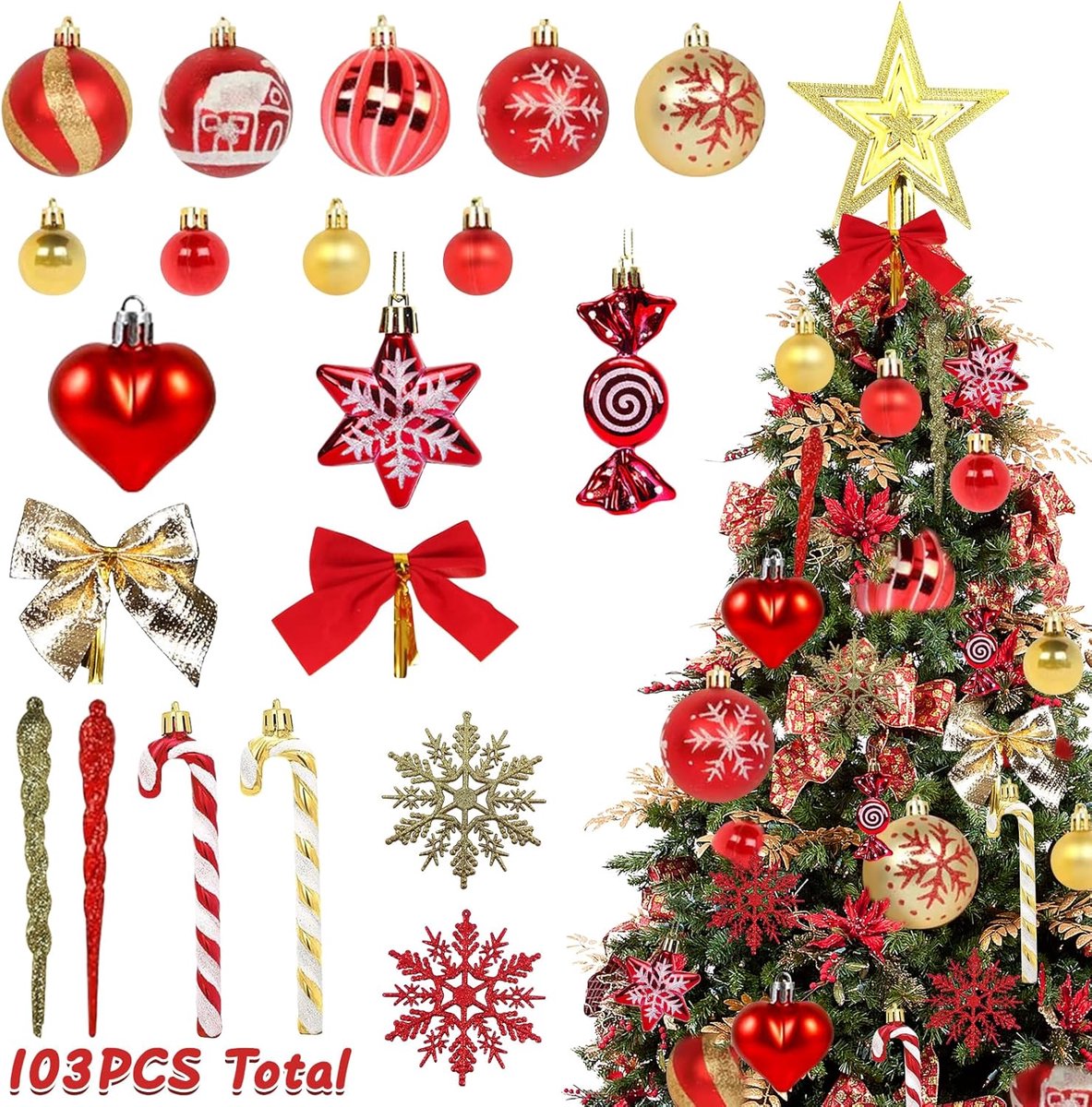 Kerstballen, 103Pcs Rode en Gouden Kerstballen 6 CM, Hangende Ballenornamenten, Onbreekbare Plastic Kerstballen, Kerstboom Ballen, Kerstboomdecoraties