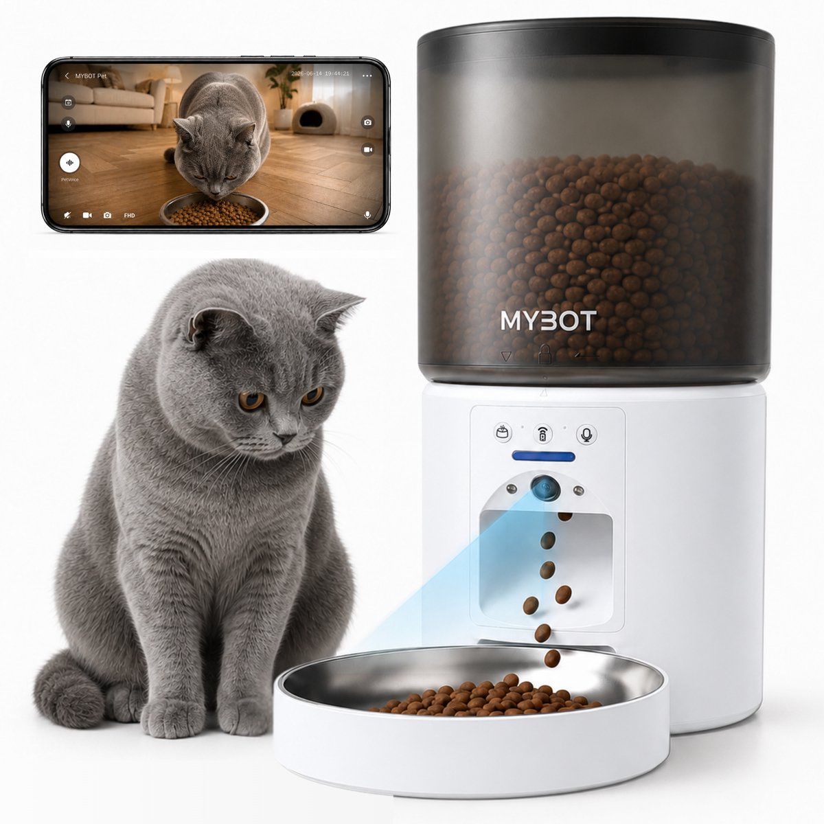 MYBOT Automatische Voerbak met Camera - Kat en Hond - Voerautomaat 4L - Met App en Spraakopname - Voor Droogvoer - Wit - P4