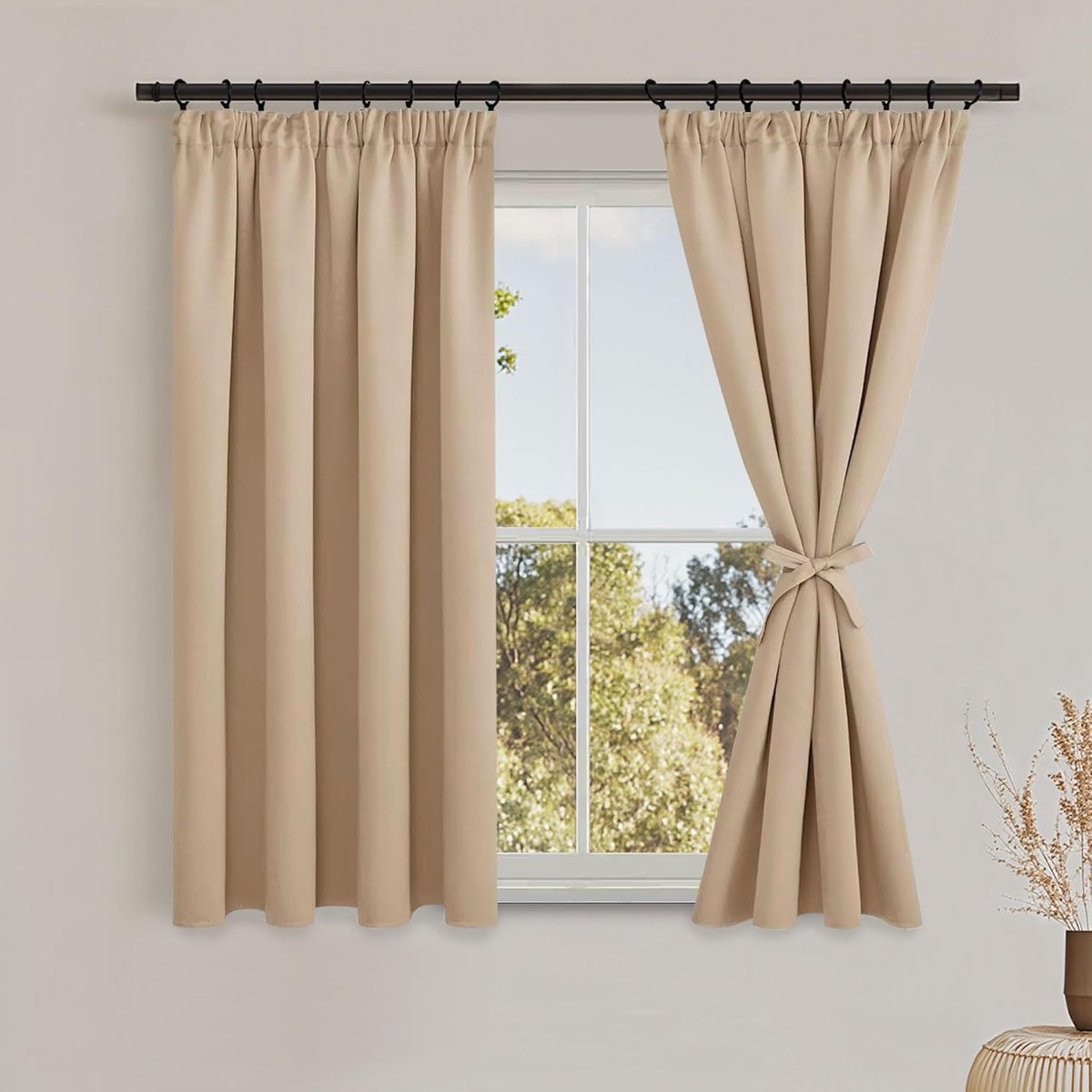 Beige Vitrage voor kleine ramen, ondoorzichtig, keukengordijnen met plooiband, 2 stuks, 120 x 140 cm (H x B), keukenbistrogordijn, thermogordijn, verduisteringsgordijnen, rails, kastgordijnen