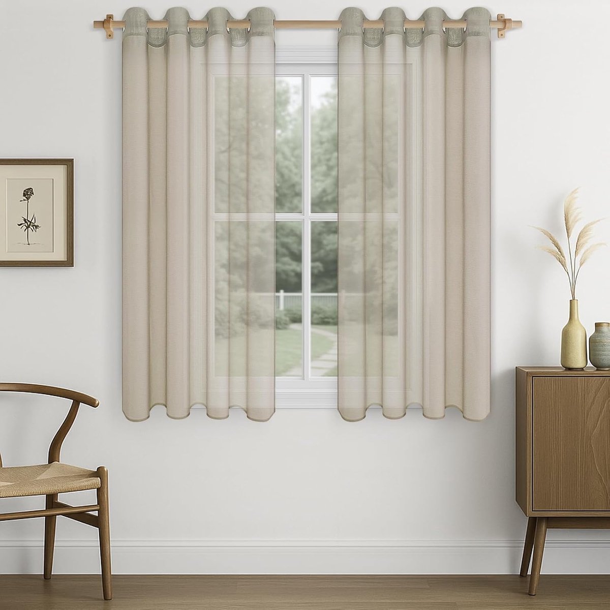 Gordijn, vitrage, met ogen, voile, mousseline, semi-transparant, raamdecoratie voor woonkamer, slaapkamer, keuken, 140 x 160 cm, beige