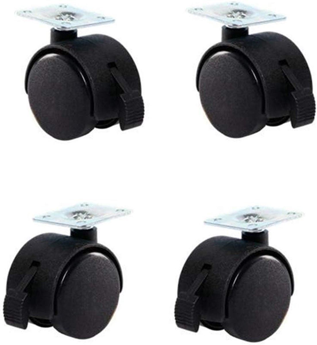 4x 50mm Zwarte Meubelwielen Met Rem, Nylon Zwenkwiel Met Dubbele Wielen, Verdikte Bovenplaat, Wielen Voor Bureaustoelen