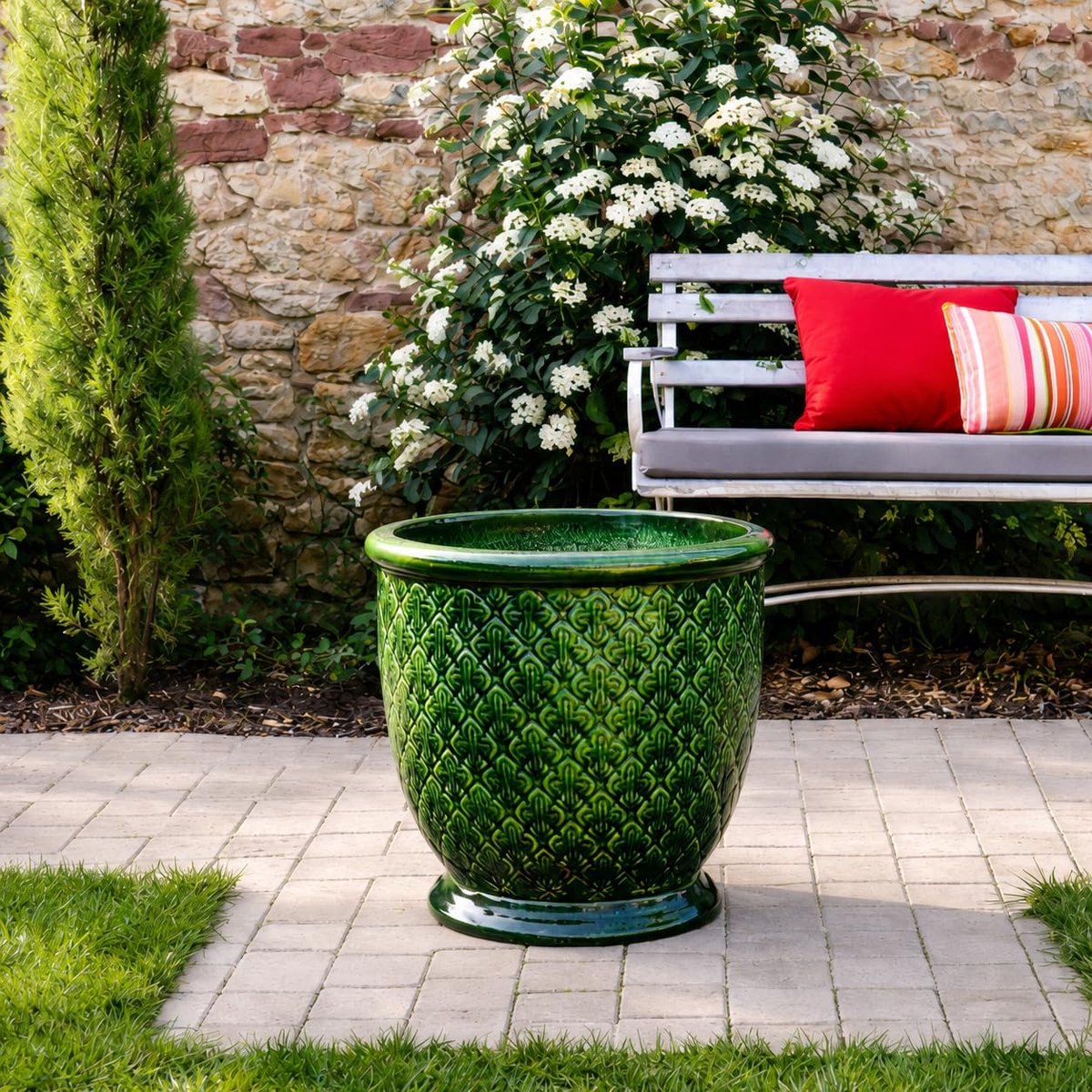 Werkstatt Plantenbak Jade Provence donkergroen, geglazuurde terracotta bloempot, handgemaakte tuinpot, mediterrane plantenpot voor balkon, terras, tuin (42 cm)