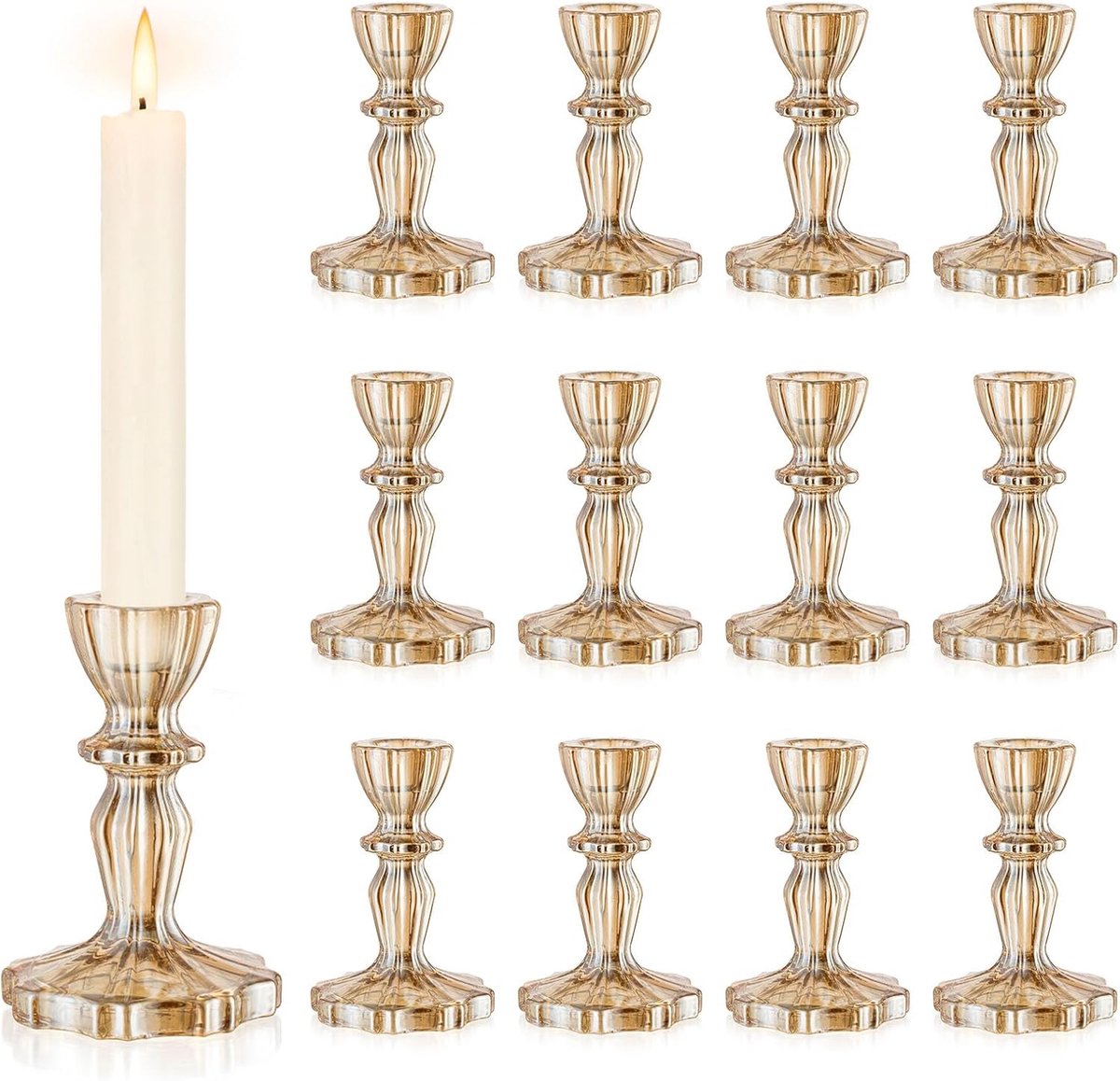 Kaarshouders: 12 stuks gouden kandelaar kristallen kaars stok houder taps toelopende kandelaars voor bruiloft of woondecoratie