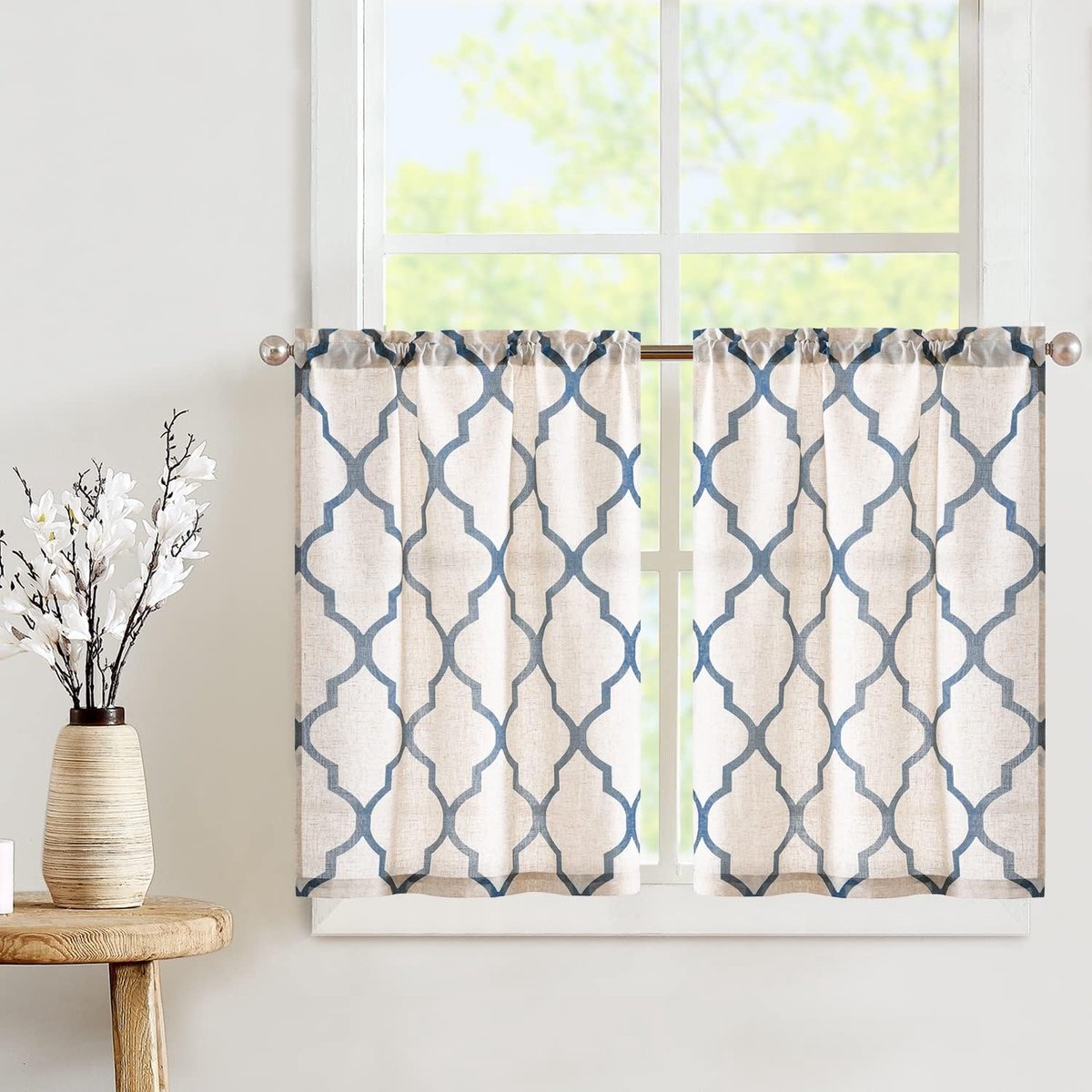Linnen look gordijnen geometrische paneelgordijnen Marokkaanse gordijnen verduisterende keuken gordijn (65 B x 60 H (cm), blauw op beige)