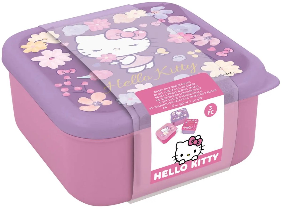 Hello Kitty 3-in-1 Snackdoosjes - 3 formaten - Vierkant - Sluit goed af - Lunchboxen voor kinderen - Los deksel - Geschikt voor koekjes, fruit en snacks - Paars/Roze