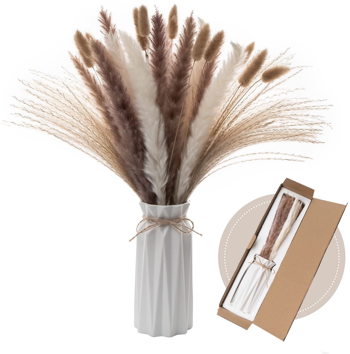 Della Pampas Decoratieve met Vaso Incluso, 44 Pezzi Set di Erba di Pampa Naturale, Fiori Secchi Decorativi voor Matrimoni, Feste, Boho Decor