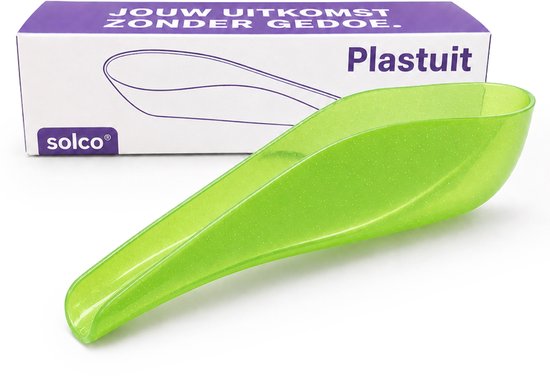 Groene plastuit met opbergzakje en doosje met tekst 'Jouw uitkomst zonder gedoe'.