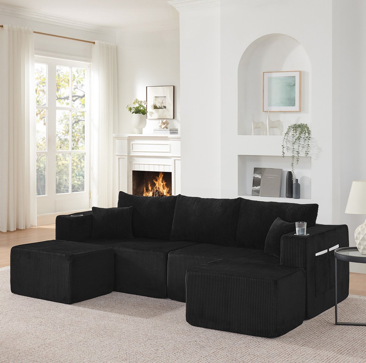 FloraGrace Hoekbank 230 x 138 x 75 cm - 3-Zits Modulaire L-Vorm Met Verplaatsbare Ottomanen, Bekerhouders En Zijvakken - Corduroy - Zwart