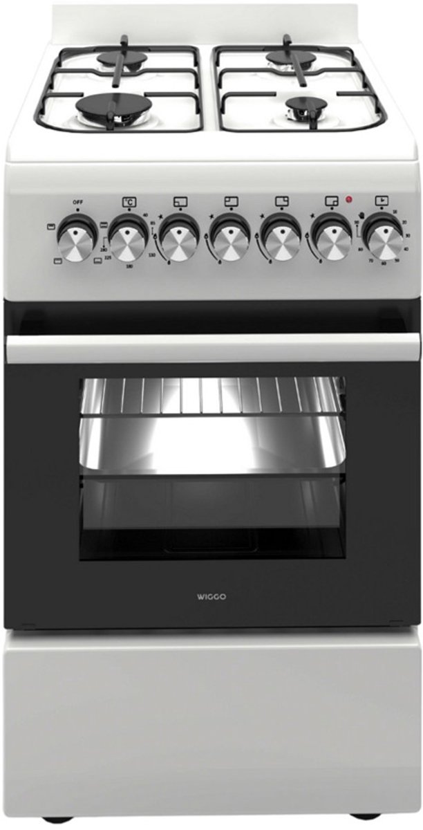 Wiggo WO-E503A(WX) - Vrijstaand - Gasfornuis met oven - 50cm breed - 52 Liter - 4 pitten - Energieklasse A - 5 jaar garantie - Wit Inox